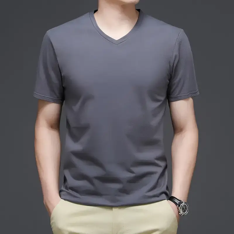 Men White V-Neck Cotton T-Shirt Summer - Image 3