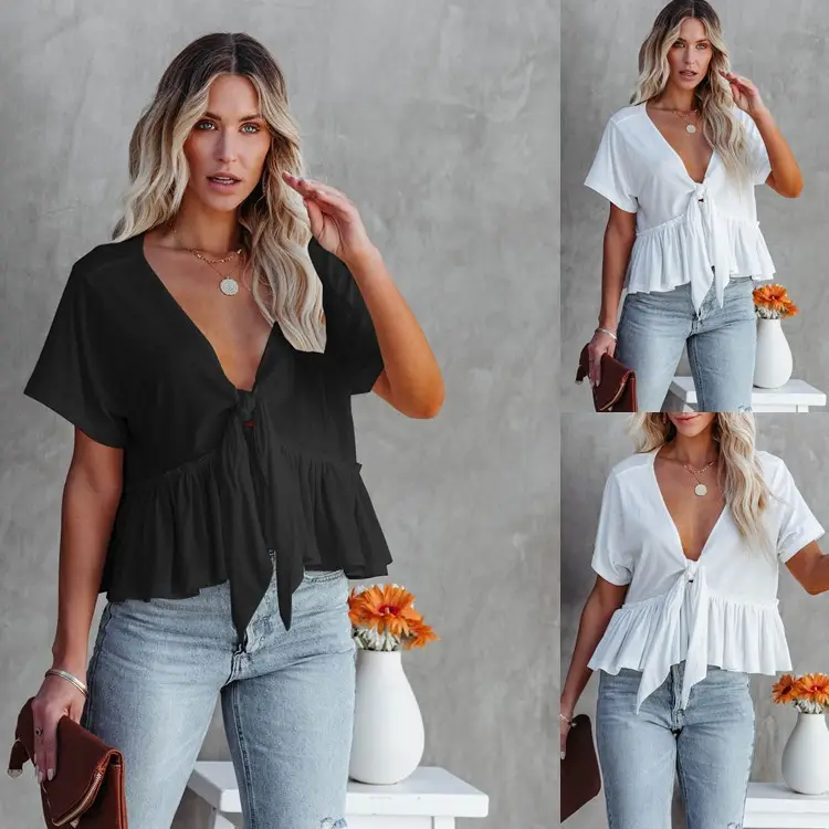 2024 Women Cotton Ruffled Top White Yellow Blue - Image 7