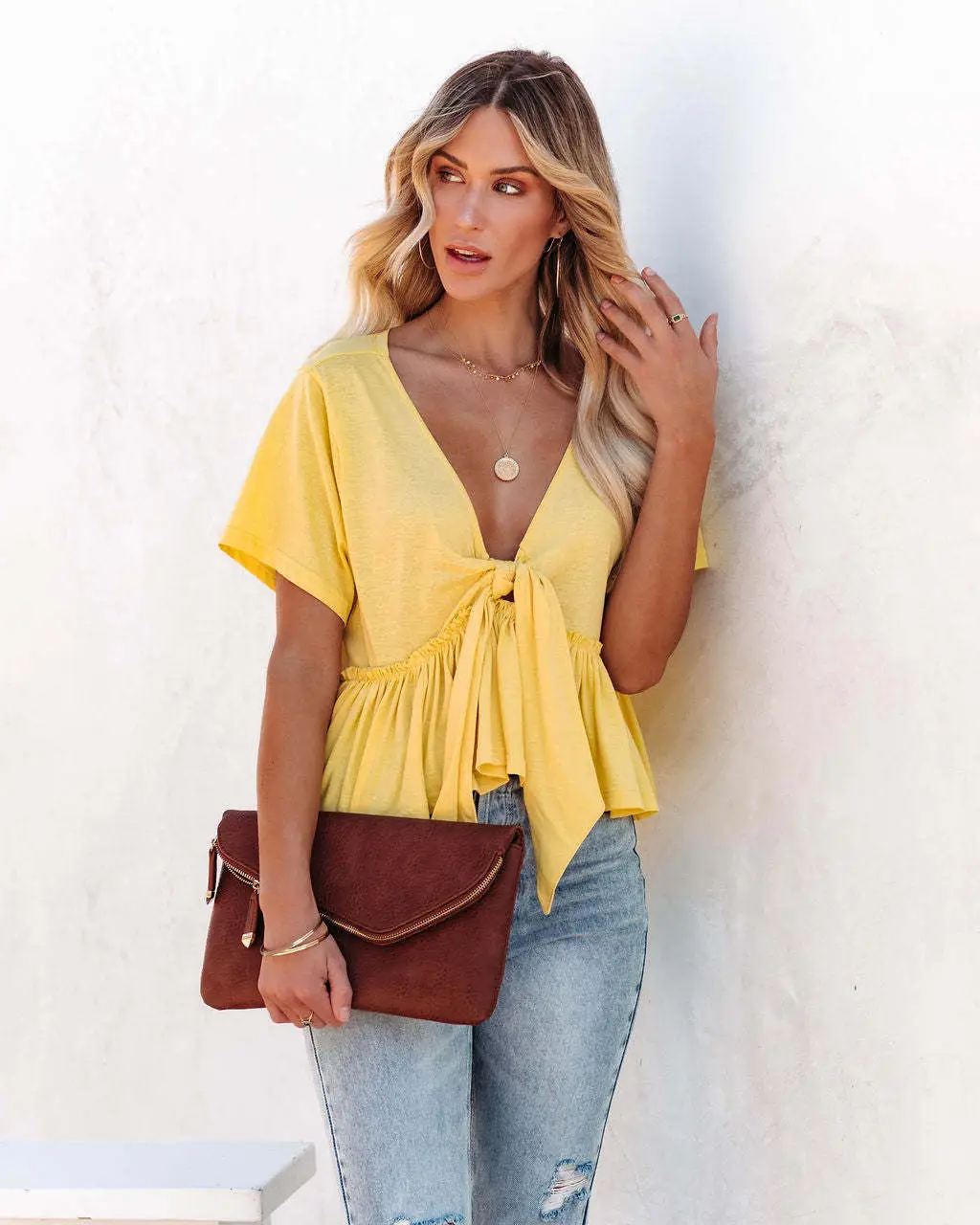 2024 Women Cotton Ruffled Top White Yellow Blue - Image 2