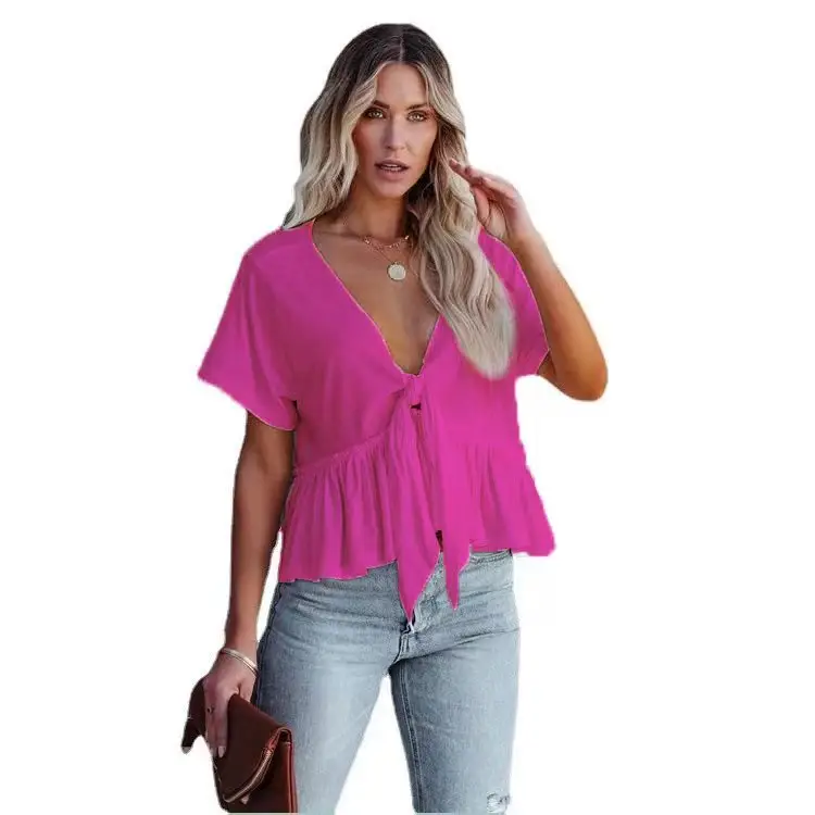 2024 Women Cotton Ruffled Top White Yellow Blue - Image 4