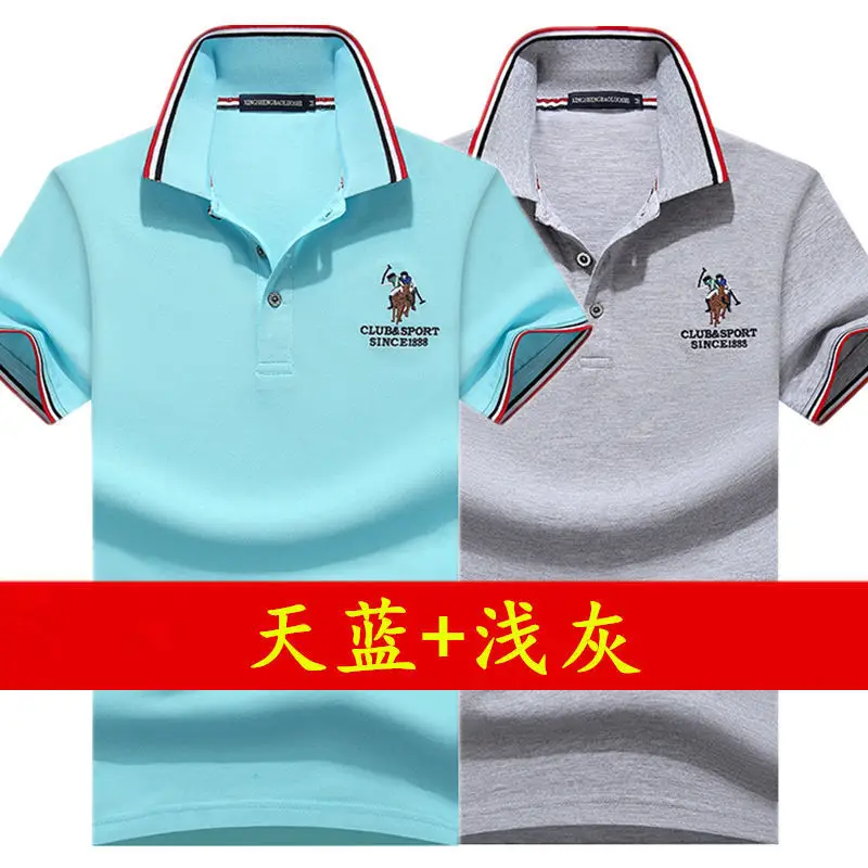 Men Polo Shirt Blue Grey Large Half Sleeve Embroidered