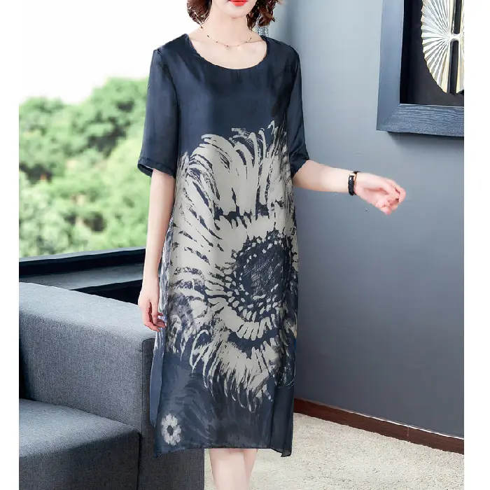 Middle-aged Mother Summer Dress 2021 Large Size Rich Printed Ice Silk