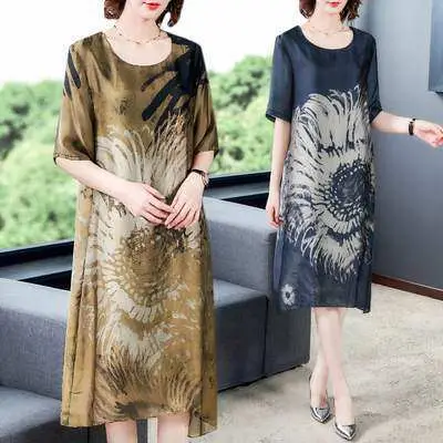 Middle-aged Mother Summer Dress 2021 Large Size Rich Printed Ice Silk