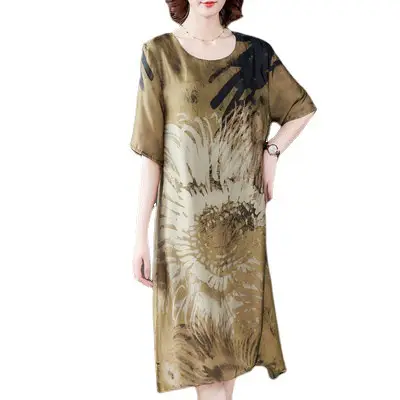 Middle-aged Mother Summer Dress 2021 Large Size Rich Printed Ice Silk