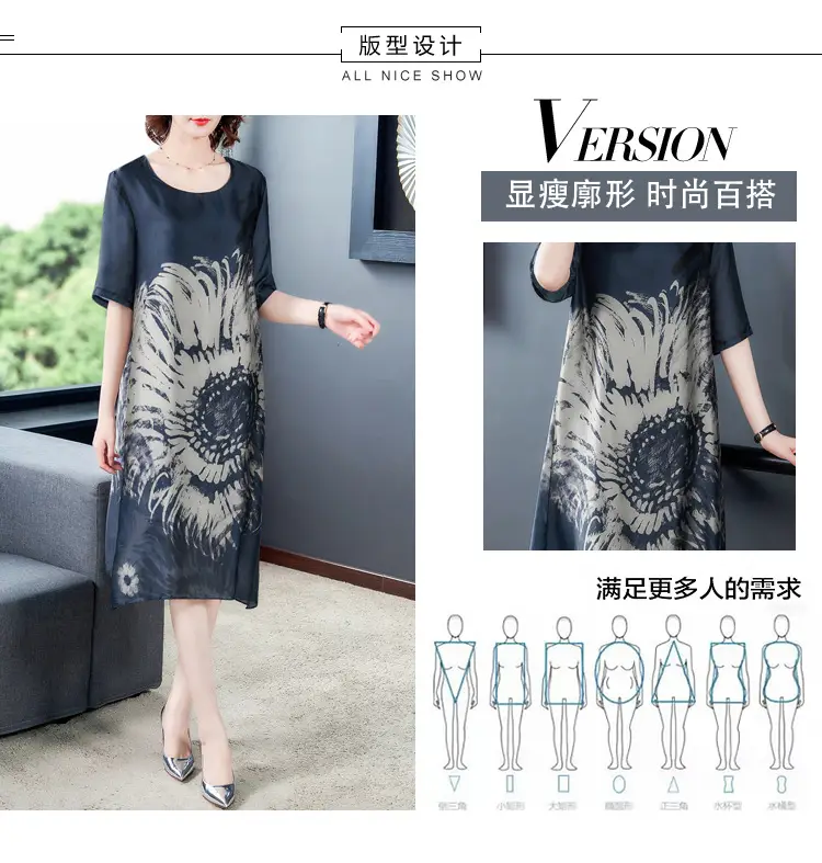 Middle-aged Mother Summer Dress 2021 Large Size Rich Printed Ice Silk — feature 1