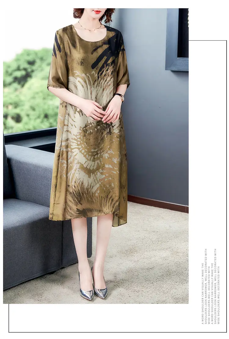 Middle-aged Mother Summer Dress 2021 Large Size Rich Printed Ice Silk — feature 5