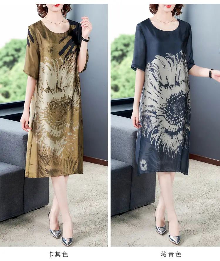 Middle-aged Mother Summer Dress 2021 Large Size Rich Printed Ice Silk — feature 7