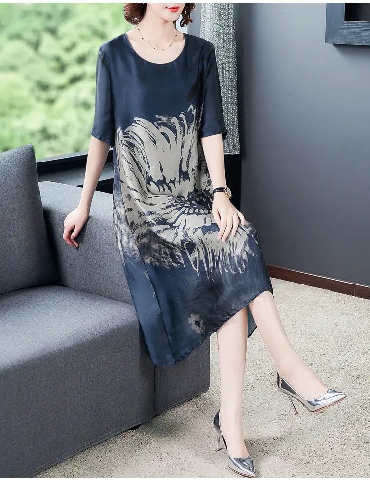 Middle-aged Mother Summer Dress 2021 Large Size Rich Printed Ice Silk — feature 9