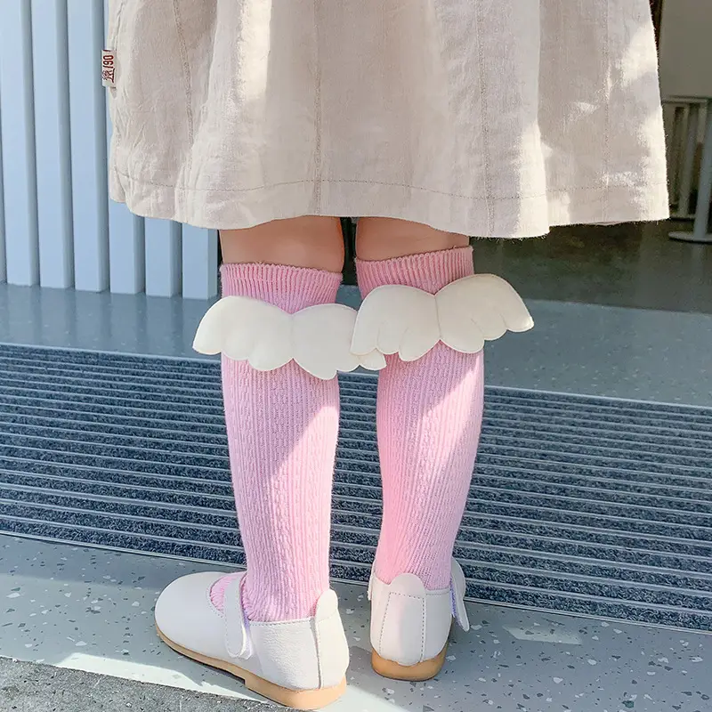 Pink Angel Wings Cotton Knee Socks for Girls 1-8Y