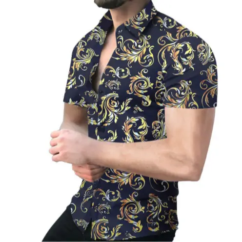 Men's Digital Printed Lapel Shirt Blue Gold Pattern - Image 20