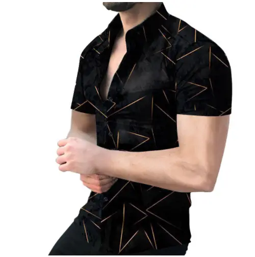 Men's Digital Printed Lapel Shirt Blue Gold Pattern - Image 7
