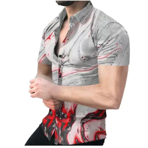 Men's Digital Printed Lapel Shirt Blue Gold Pattern - Image 21