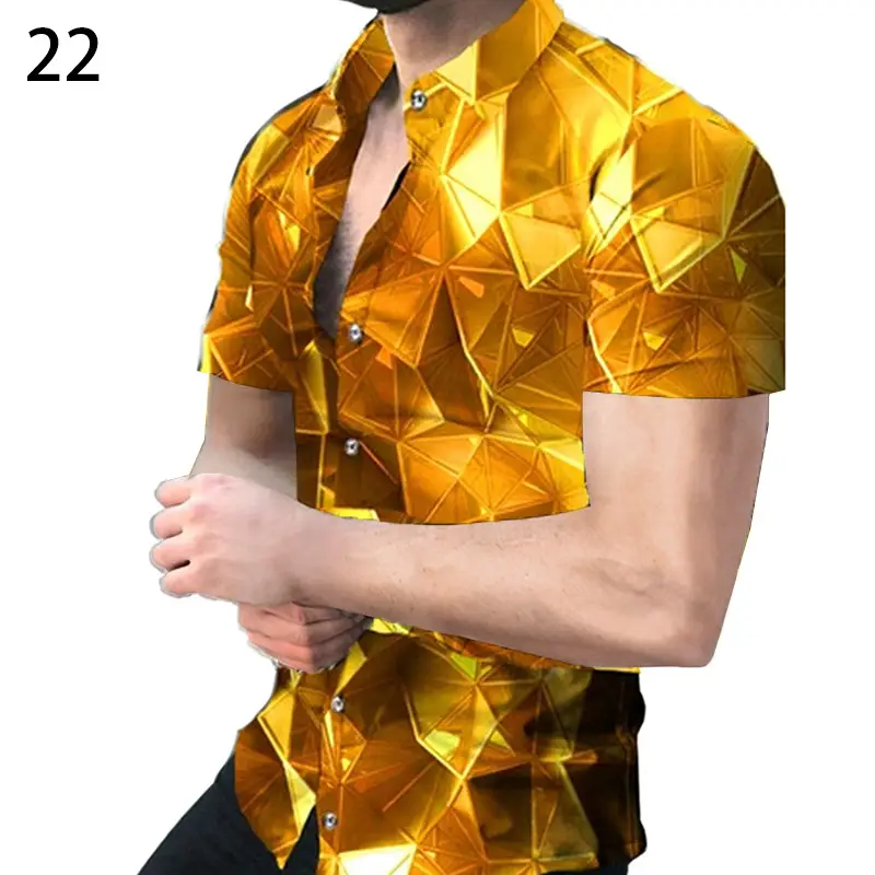 Men's Digital Printed Lapel Shirt Blue Gold Pattern - Image 12