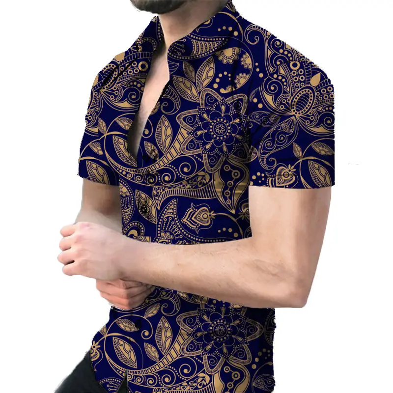 Men's Digital Printed Lapel Shirt Blue Gold Pattern - Image 13