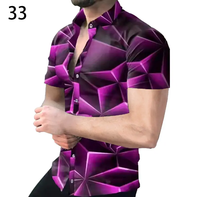 Men's Digital Printed Lapel Shirt Blue Gold Pattern - Image 14