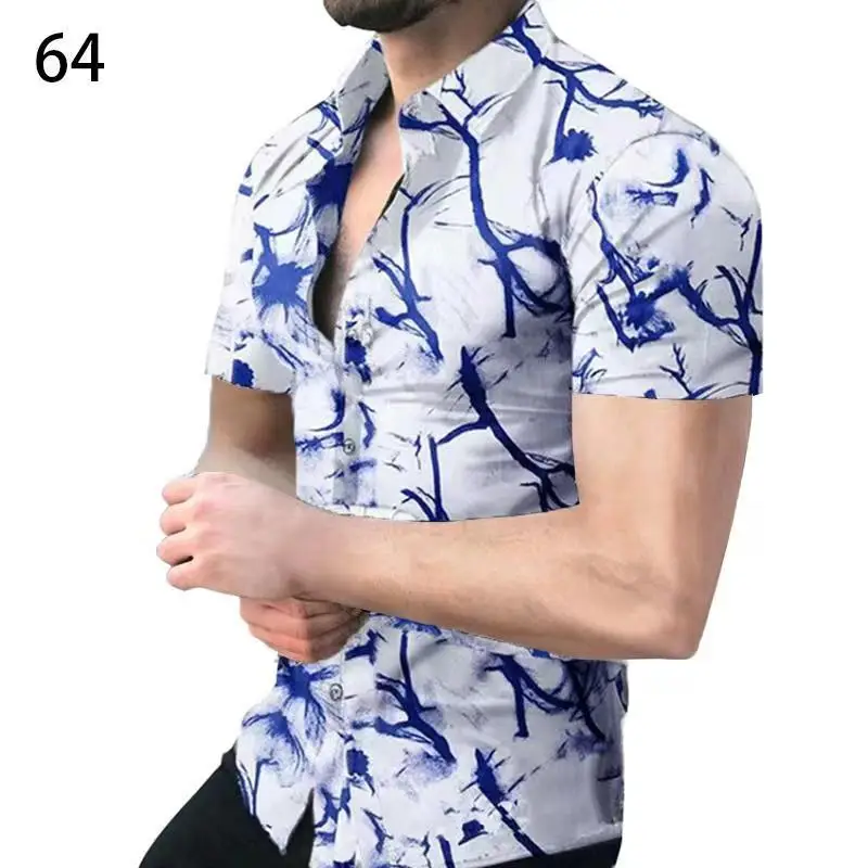 Men's Digital Printed Lapel Shirt Blue Gold Pattern - Image 16