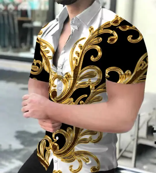Men's Digital Printed Lapel Shirt Blue Gold Pattern - Image 19