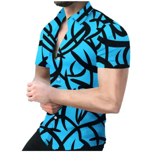 Men's Digital Printed Lapel Shirt Blue Gold Pattern - Image 3