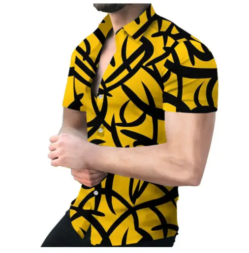 Men's Digital Printed Lapel Shirt Blue Gold Pattern - Image 4