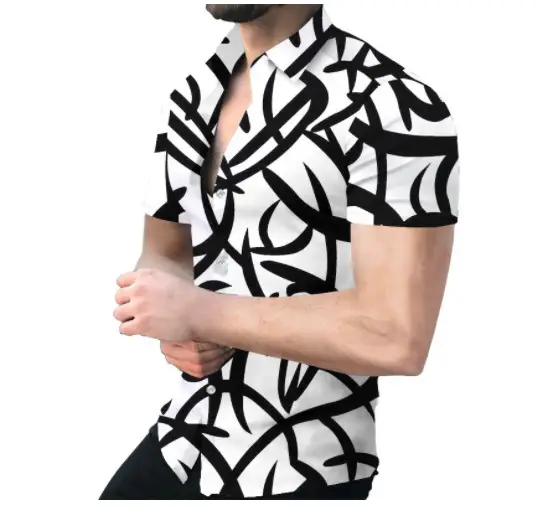 Men's Digital Printed Lapel Shirt Blue Gold Pattern - Image 6