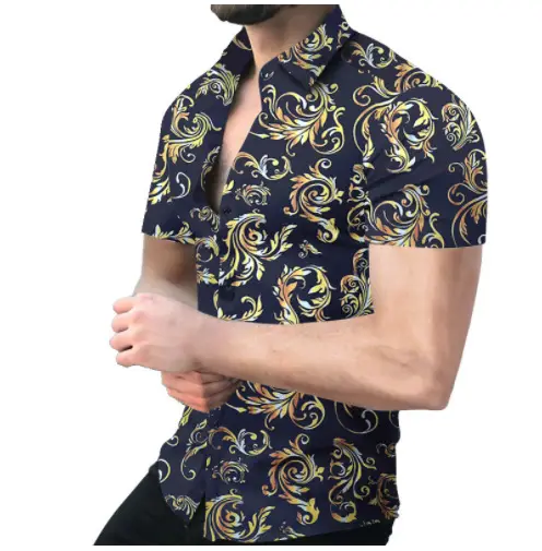 Men's Digital Printed Lapel Shirt Blue Gold Pattern - Image 8