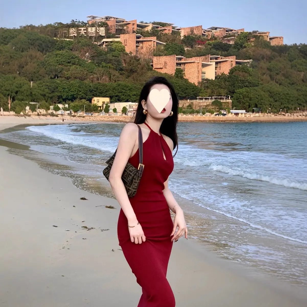 Red Neckline Dress with Keyhole Cutout Slim Fit