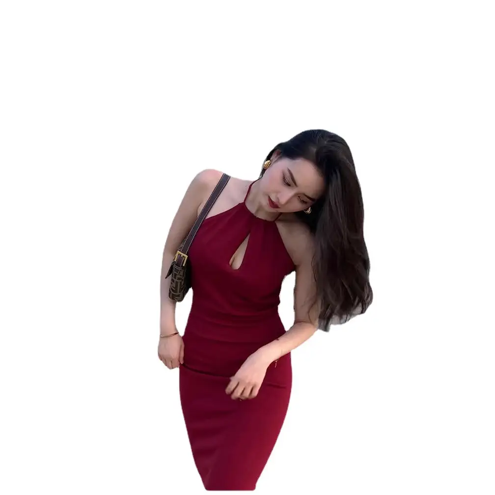 Red Neckline Dress with Keyhole Cutout Slim Fit