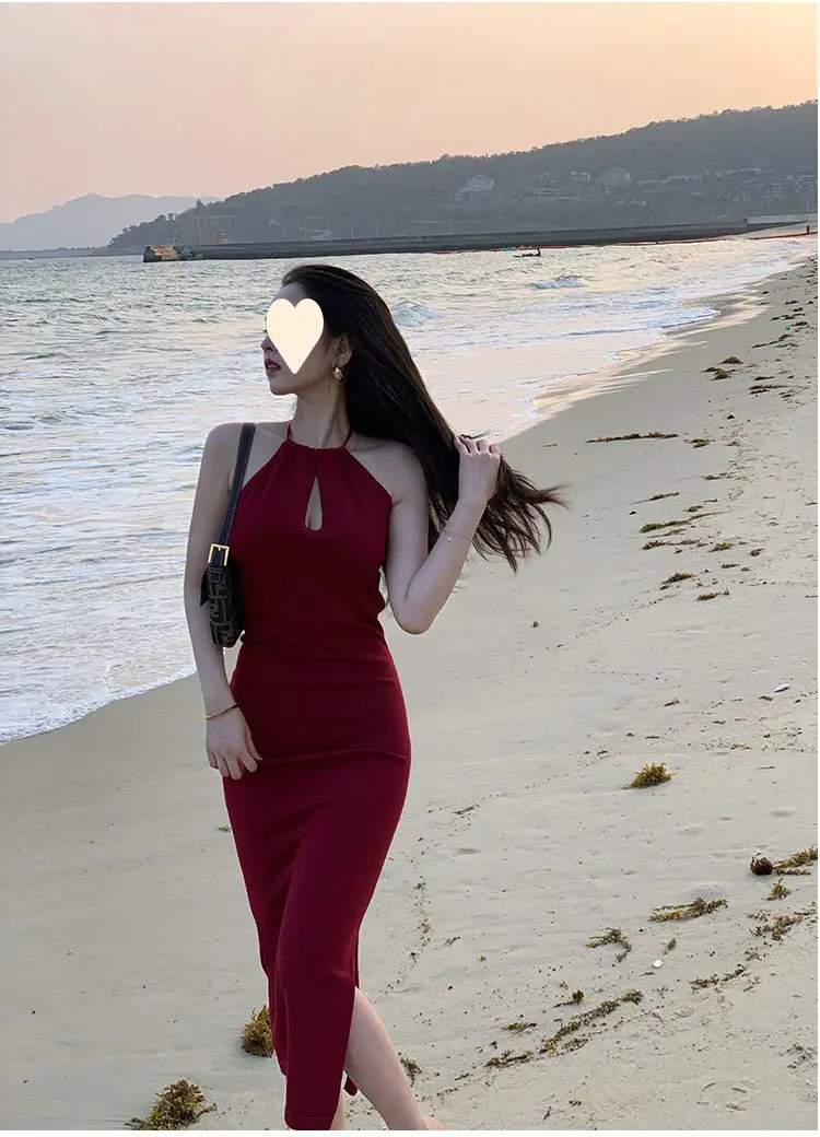 Red Neckline Dress with Keyhole Cutout Slim Fit — feature 8