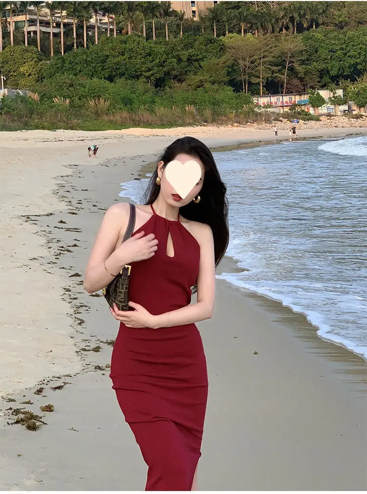 Red Neckline Dress with Keyhole Cutout Slim Fit — feature 9