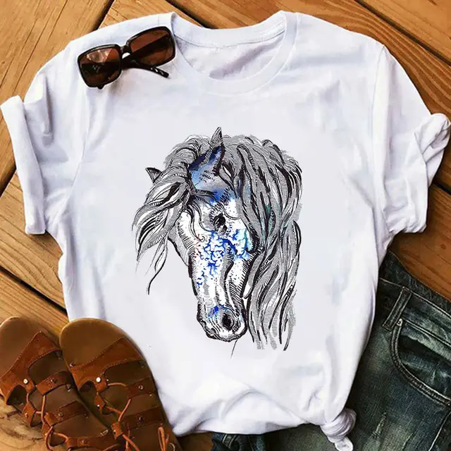 Women's 2025 Horse Watercolor T-Shirt White Short Sleeve - Image 3