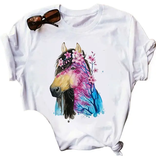 Women's 2025 Horse Watercolor T-Shirt White Short Sleeve - Image 7