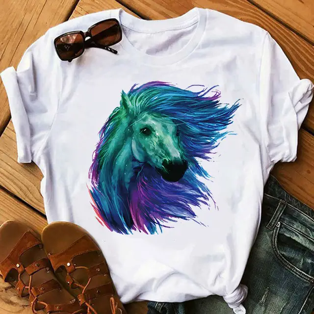 Women's 2025 Horse Watercolor T-Shirt White Short Sleeve - Image 2