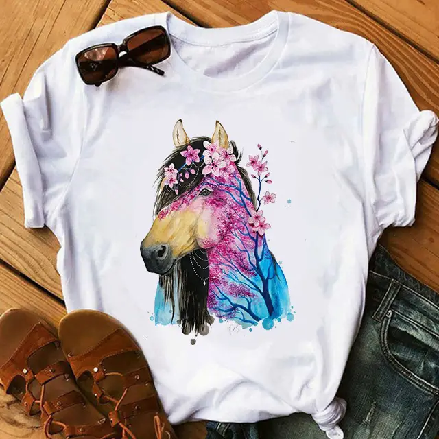 Women's 2025 Horse Watercolor T-Shirt White Short Sleeve - Image 4