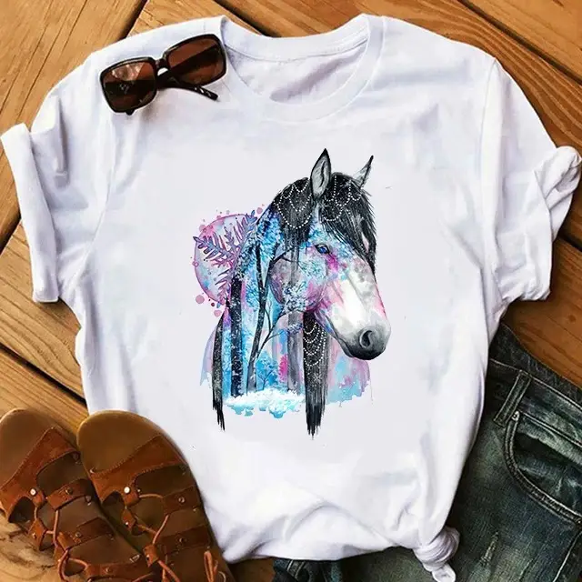 Women's 2025 Horse Watercolor T-Shirt White Short Sleeve - Image 5