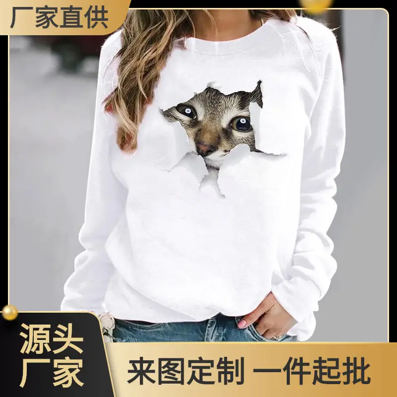 2025 Cat Print White Long Sleeve Women's Top - Image 5