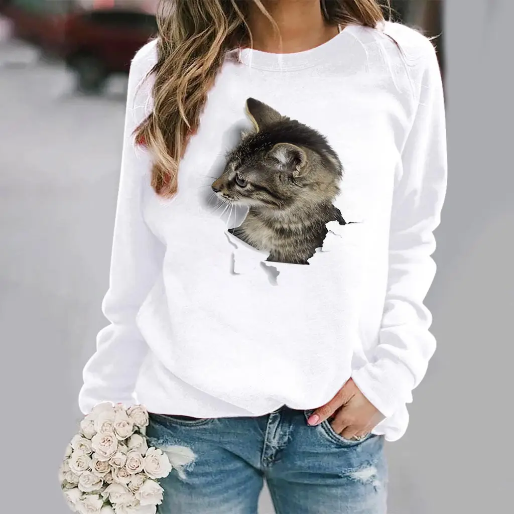 2025 Cat Print White Long Sleeve Women's Top - Image 4