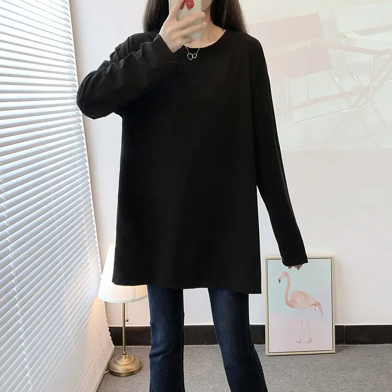 150kg Women Black Slit Long Sleeve T-Shirt