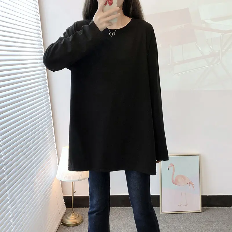 150kg Women Black Slit Long Sleeve T-Shirt