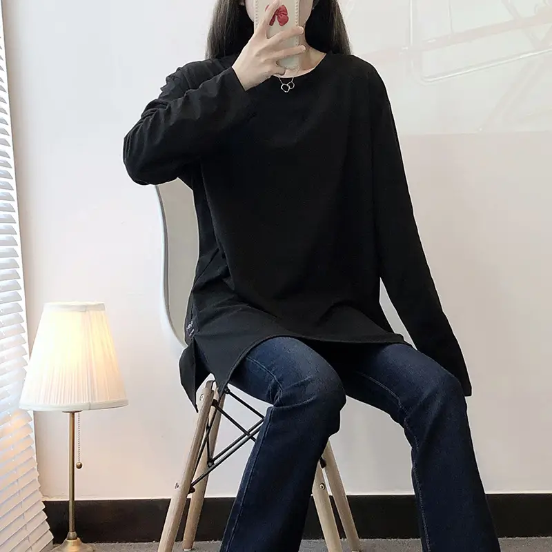 150kg Women Black Slit Long Sleeve T-Shirt
