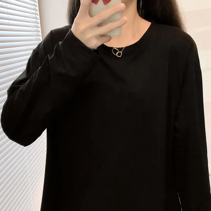 150kg Women Black Slit Long Sleeve T-Shirt