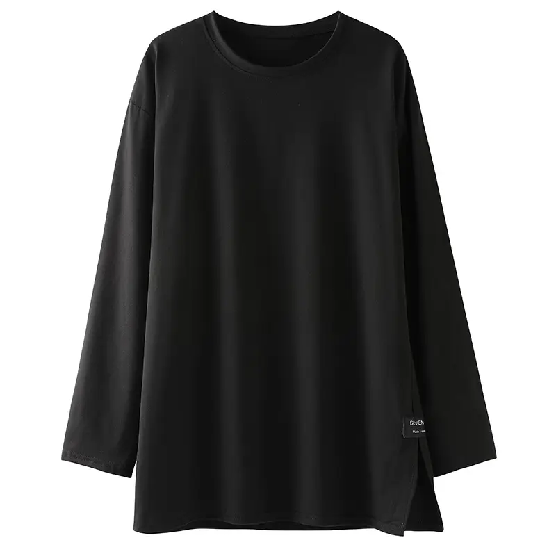 150kg Women Black Slit Long Sleeve T-Shirt