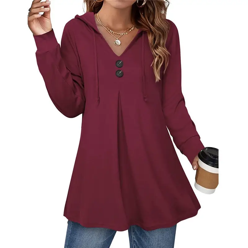 Women Button V-Neck Hooded Top Maroon Long Sleeve - Image 3