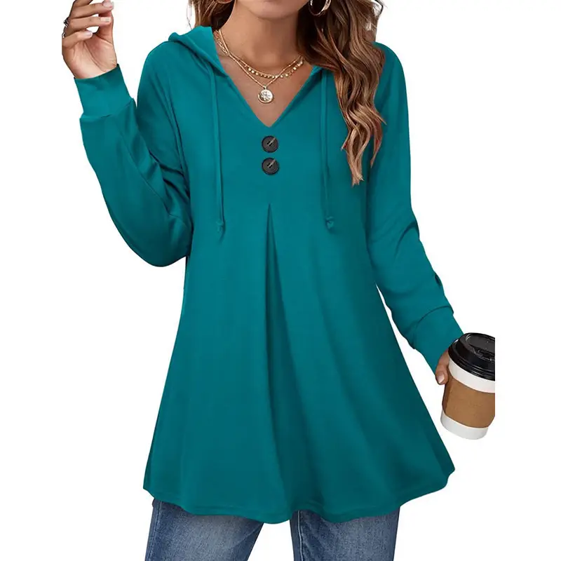 Women Button V-Neck Hooded Top Maroon Long Sleeve - Image 5