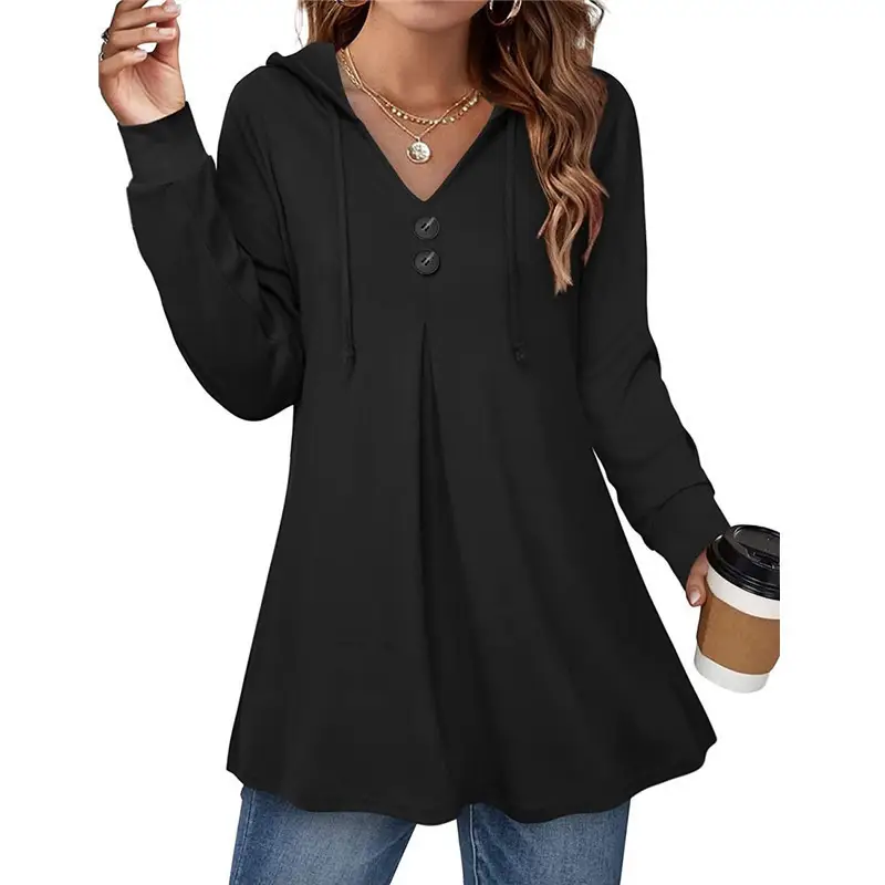 Women Button V-Neck Hooded Top Maroon Long Sleeve - Image 2