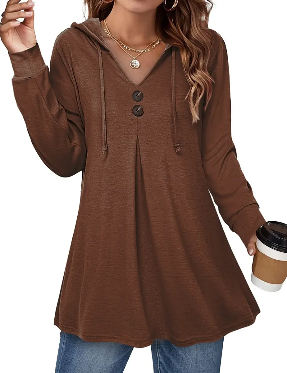 Women Button V-Neck Hooded Top Maroon Long Sleeve - Image 4