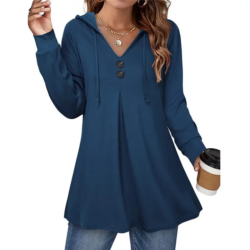 Women Button V-Neck Hooded Top Maroon Long Sleeve - Image 6