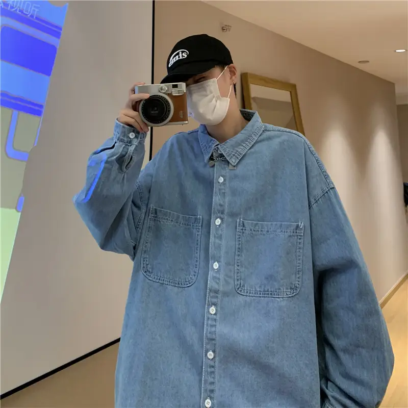 Men Denim Long Sleeve Shirt Blue Solid Color