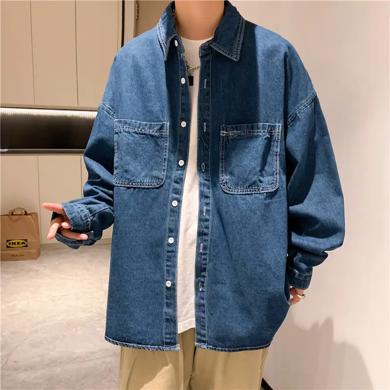 Men Denim Long Sleeve Shirt Blue Solid Color