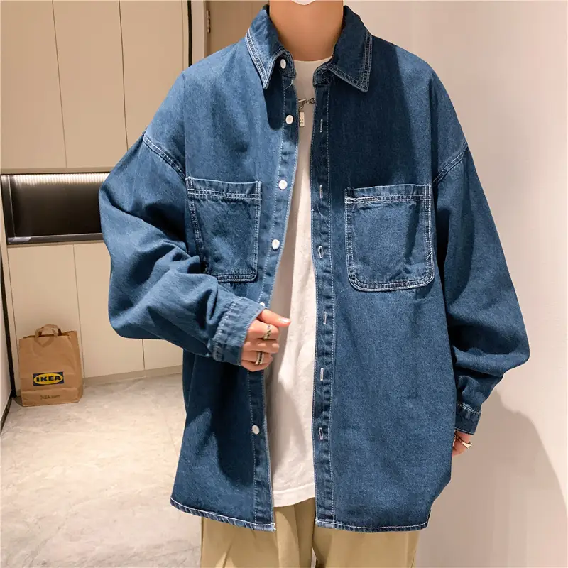 Men Denim Long Sleeve Shirt Blue Solid Color