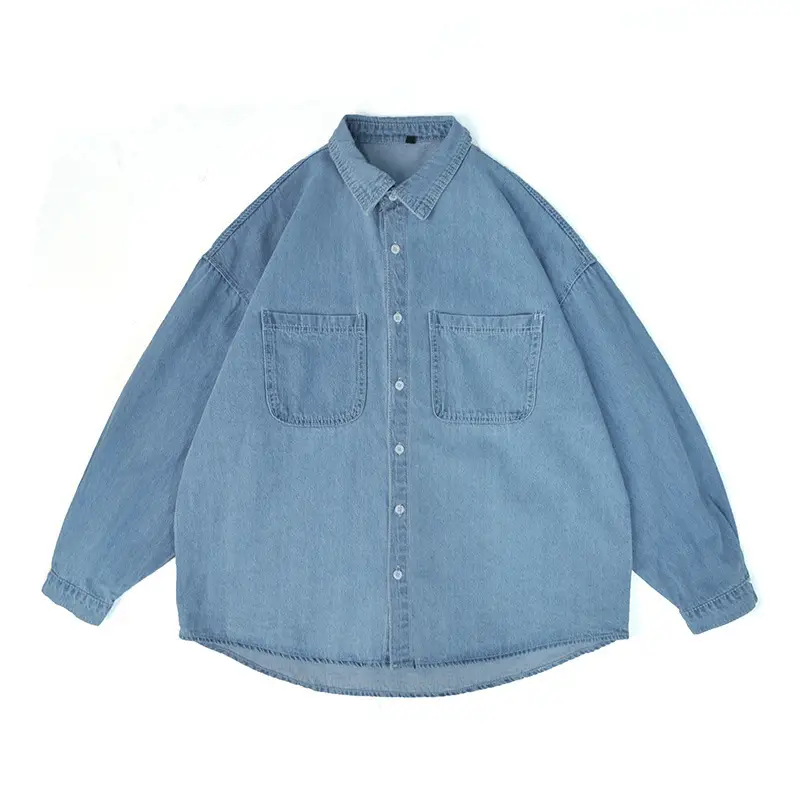 Men Denim Long Sleeve Shirt Blue Solid Color